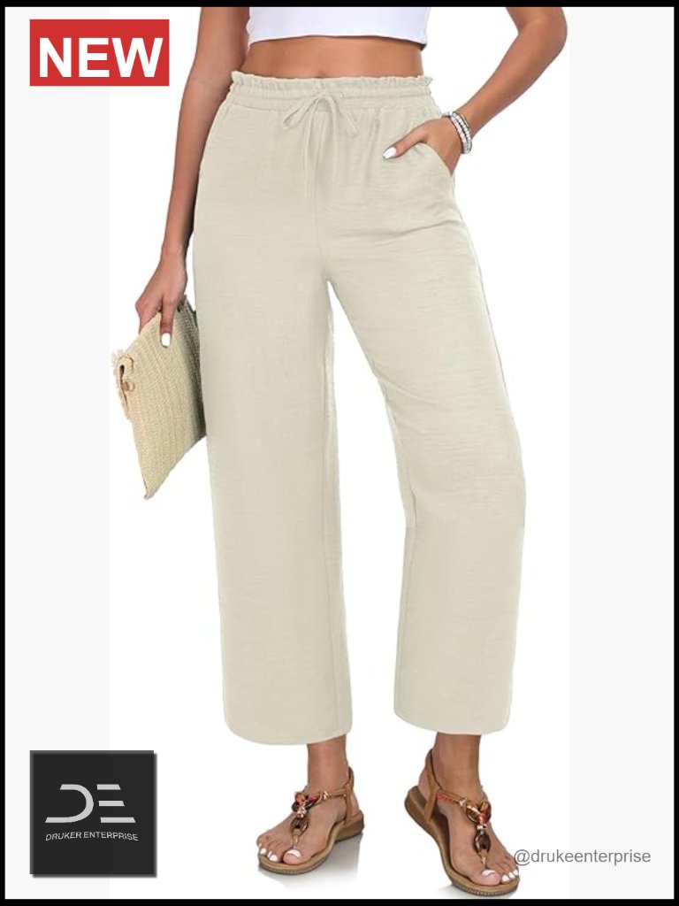 High Waist Loose Cropped Palazzo Beach Pants With Pockets Drawstring Elastic
